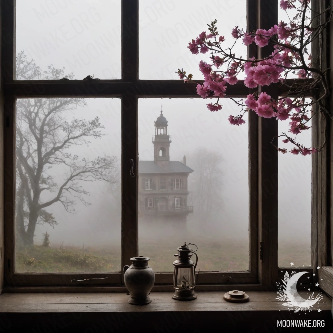 Старый деревянный подоконник с банкой, наполненной ромашками, и открытой книгой на солнце.