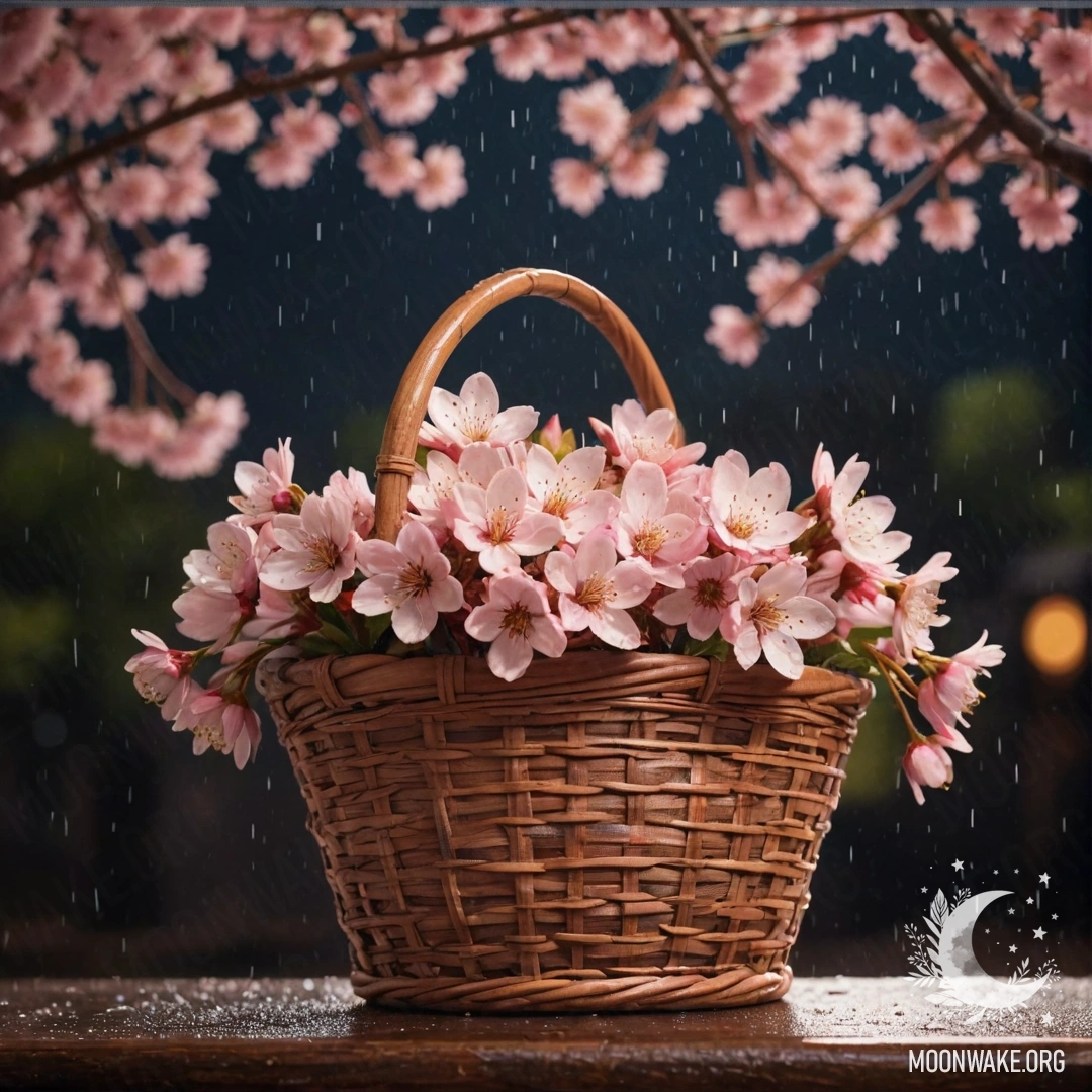 Винтажная открытка с прекрасными цветами вишни в розовом корзине, освещенная мягким дождем в ночное время.