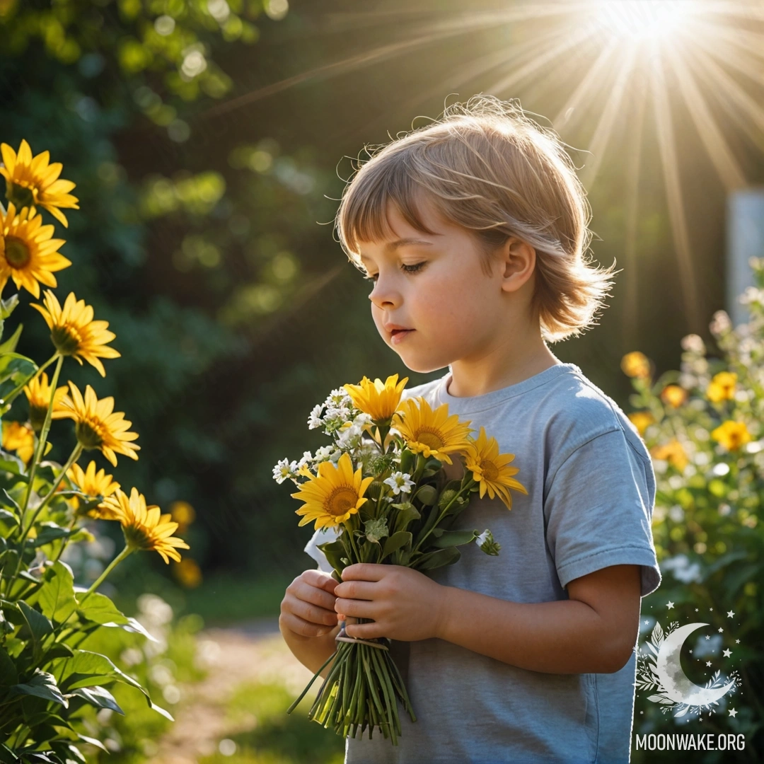 Ребёнок, нюхающий букет цветов, освещённый солнечными лучами.