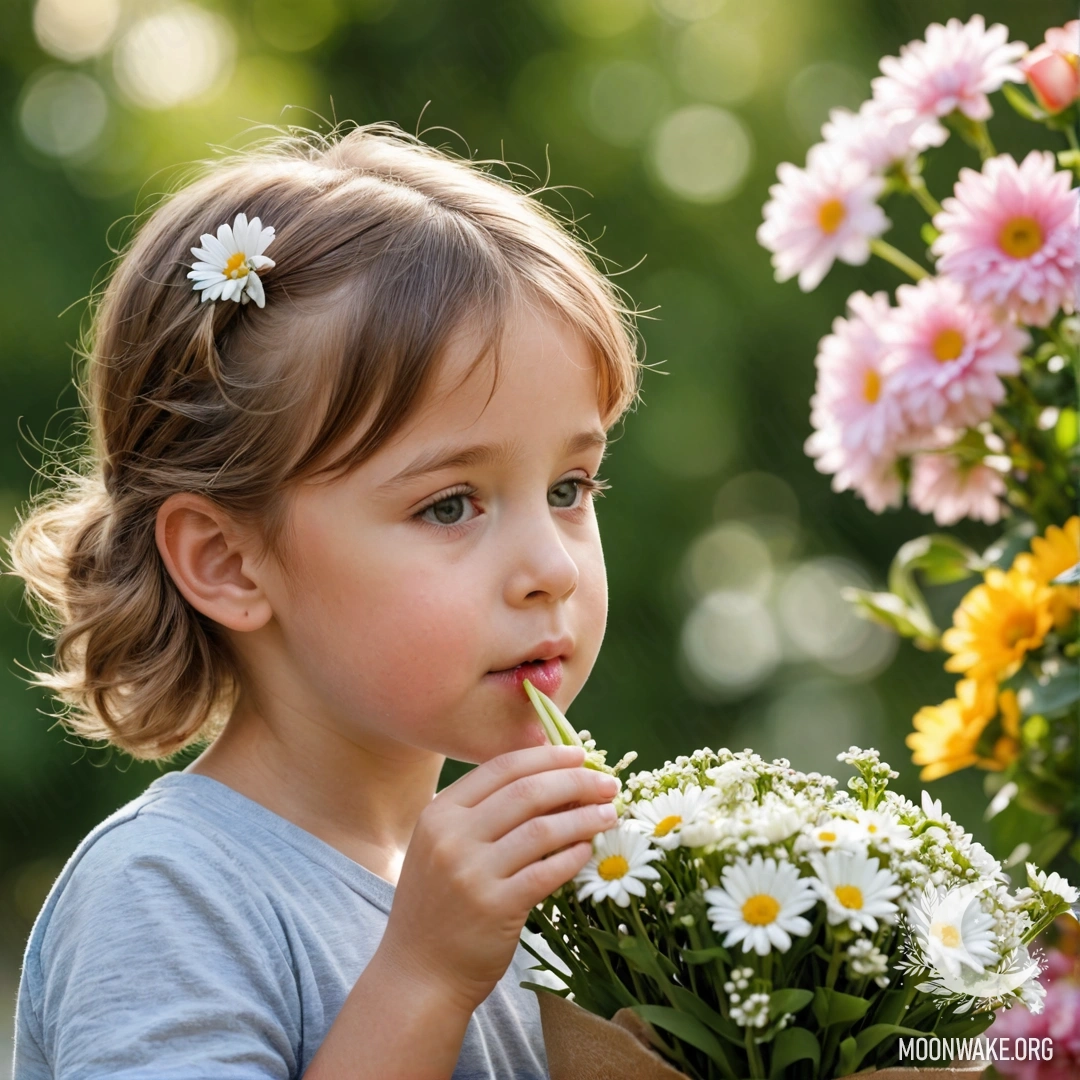 Ребенок нюхает букет ярких цветов, запечатлевая момент невинности и радости.