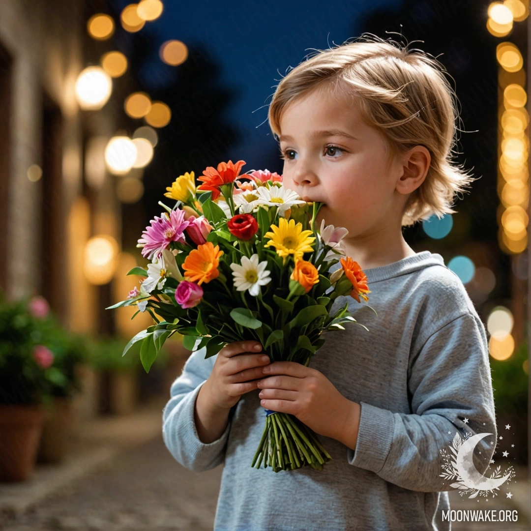 Ребёнок нежно нюхает букет цветов под звёздным небом.