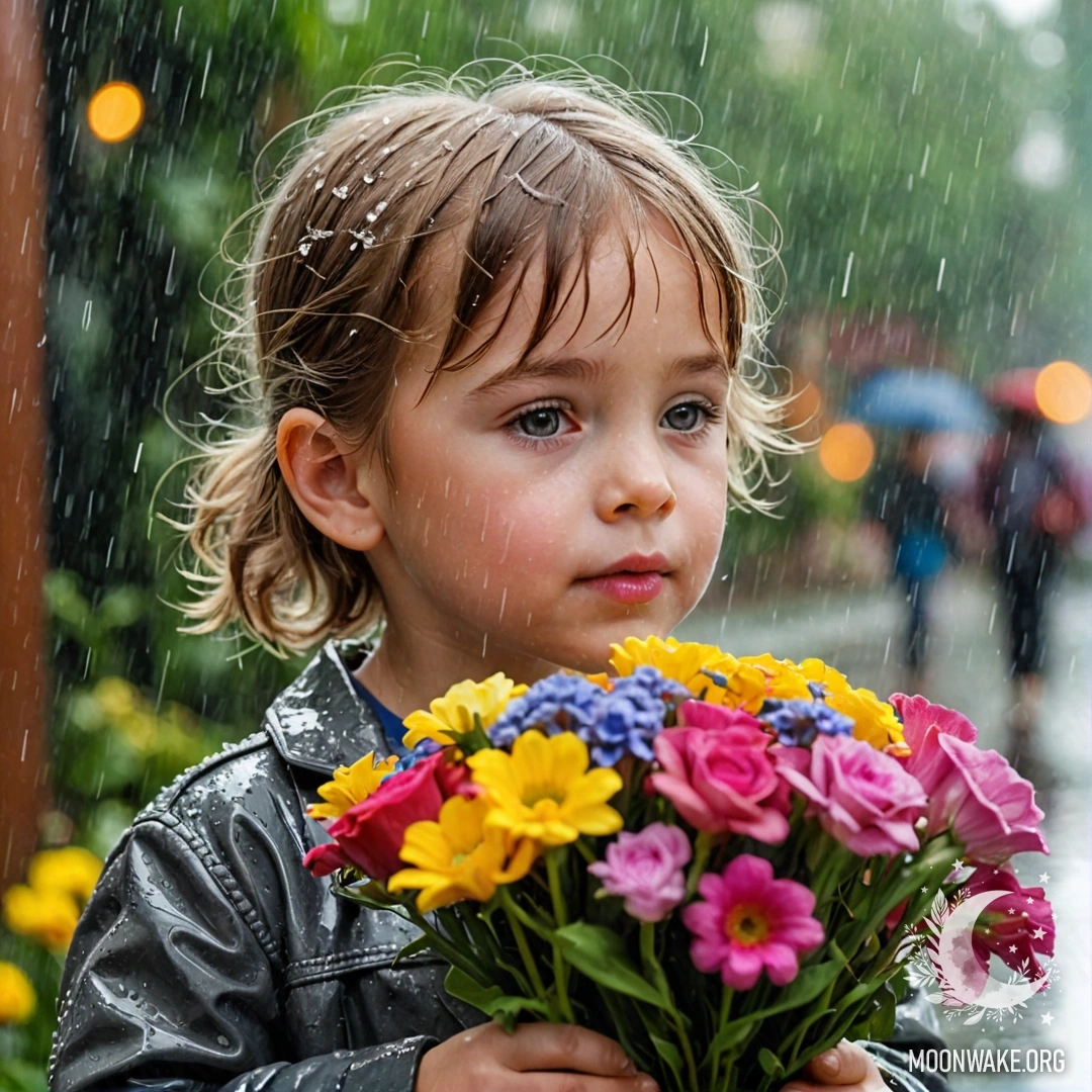 Ребенок наклонился, чтобы понюхать яркий букет цветов под дождем.