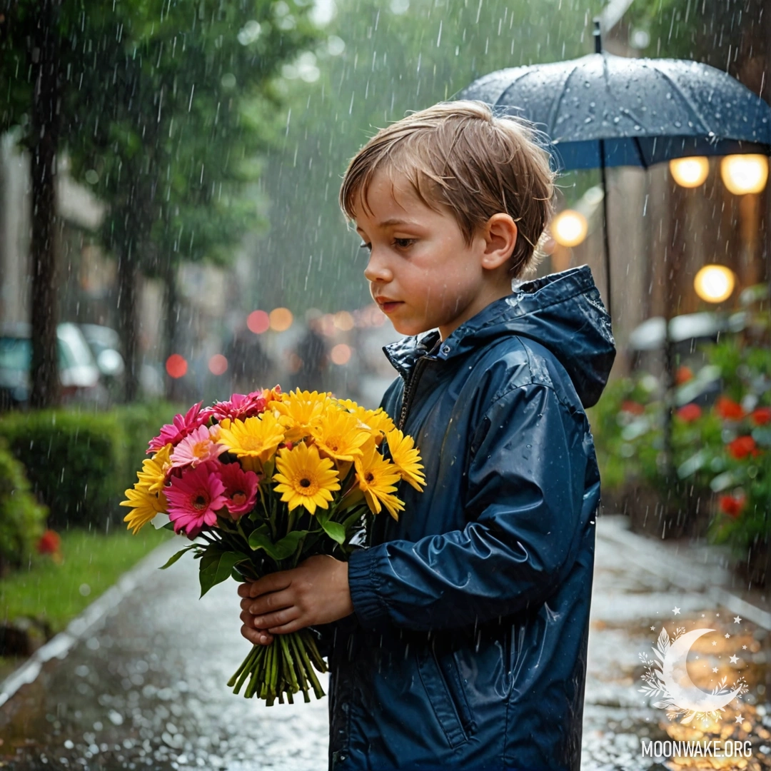 Ребенок с букетом цветов под падающим дождем.