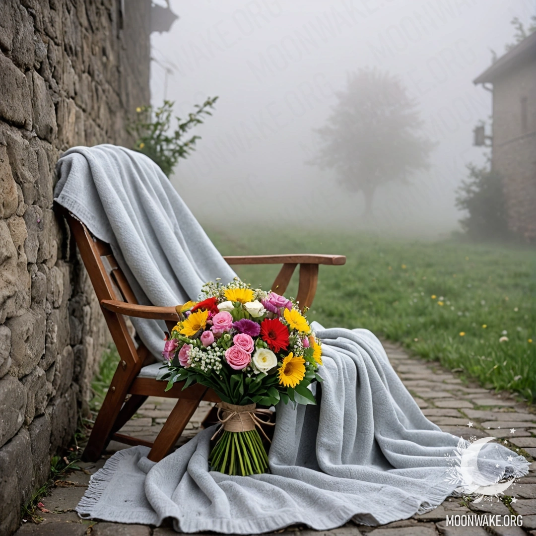 Маленький ребёнок с закрытыми глазами глубоко вдыхает аромат букета цветов под ночным небом.