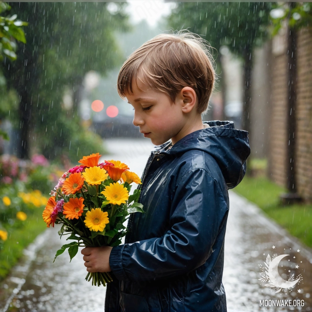 Ребенок стоит под дождем, прижимая букет цветов к носу.