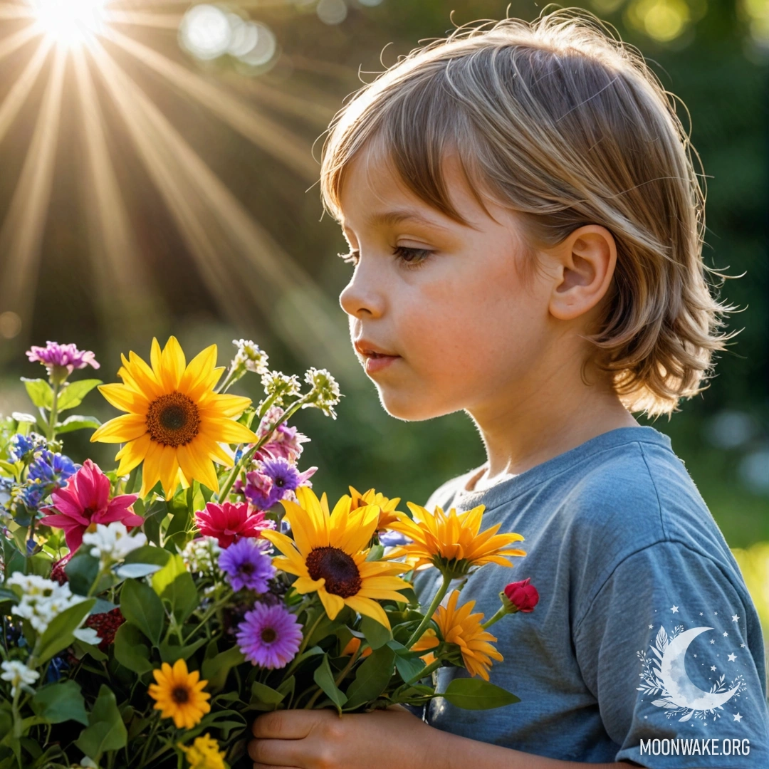 Маленький ребёнок с букетом цветов под солнечными лучами.