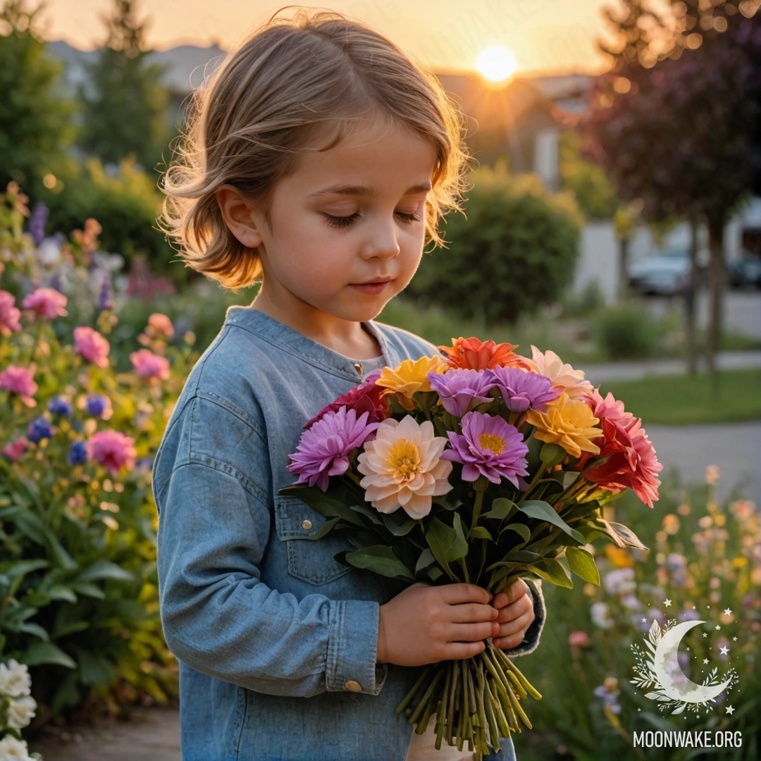 Ребёнок с радостным выражением лица нюхает букет цветов на закате.