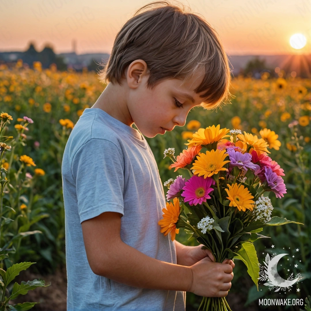 Ребёнок с любопытством нюхает букет ярких цветов на закате.