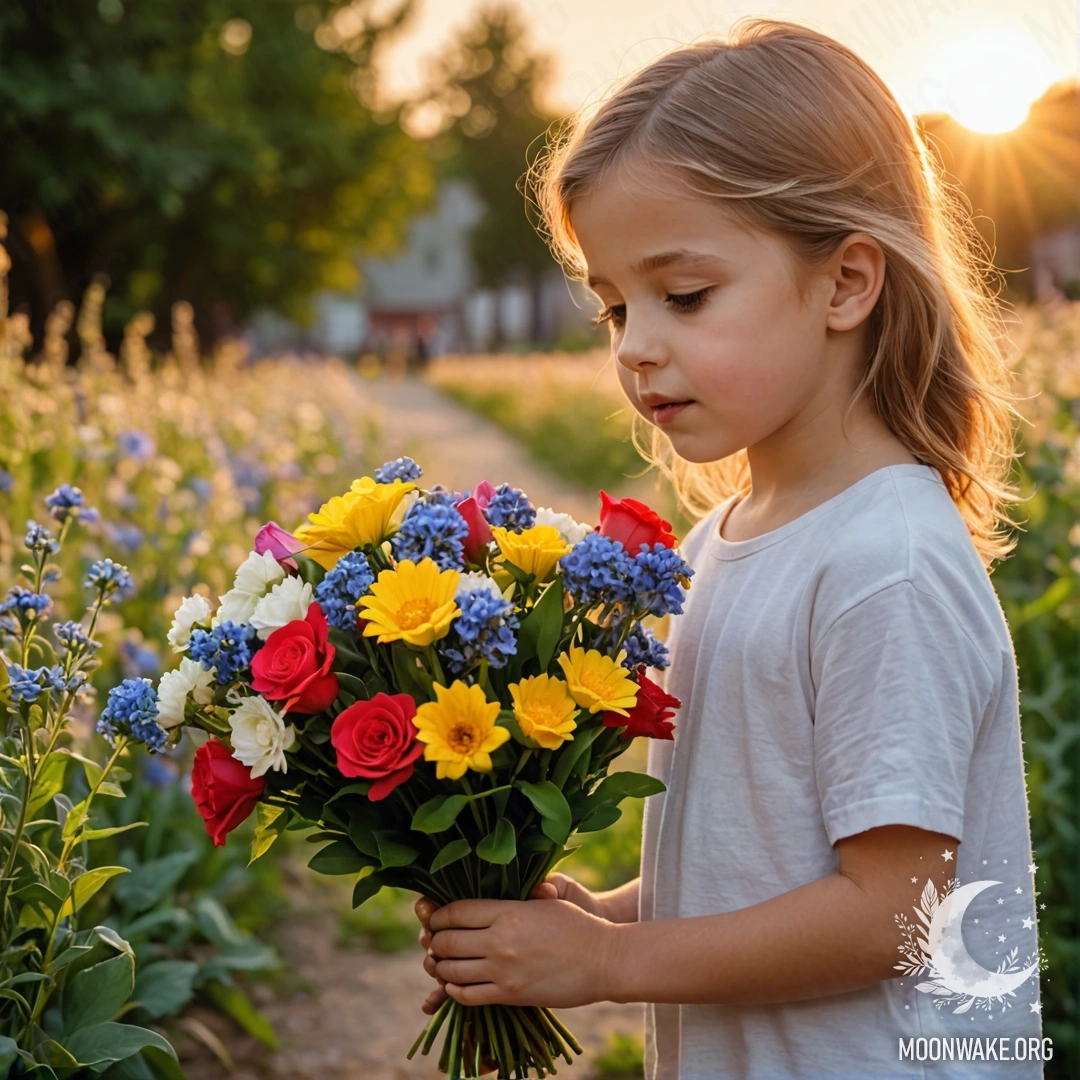 Маленький ребёнок, очарованный ароматом букета цветов, стоит под тёплым светом заката.