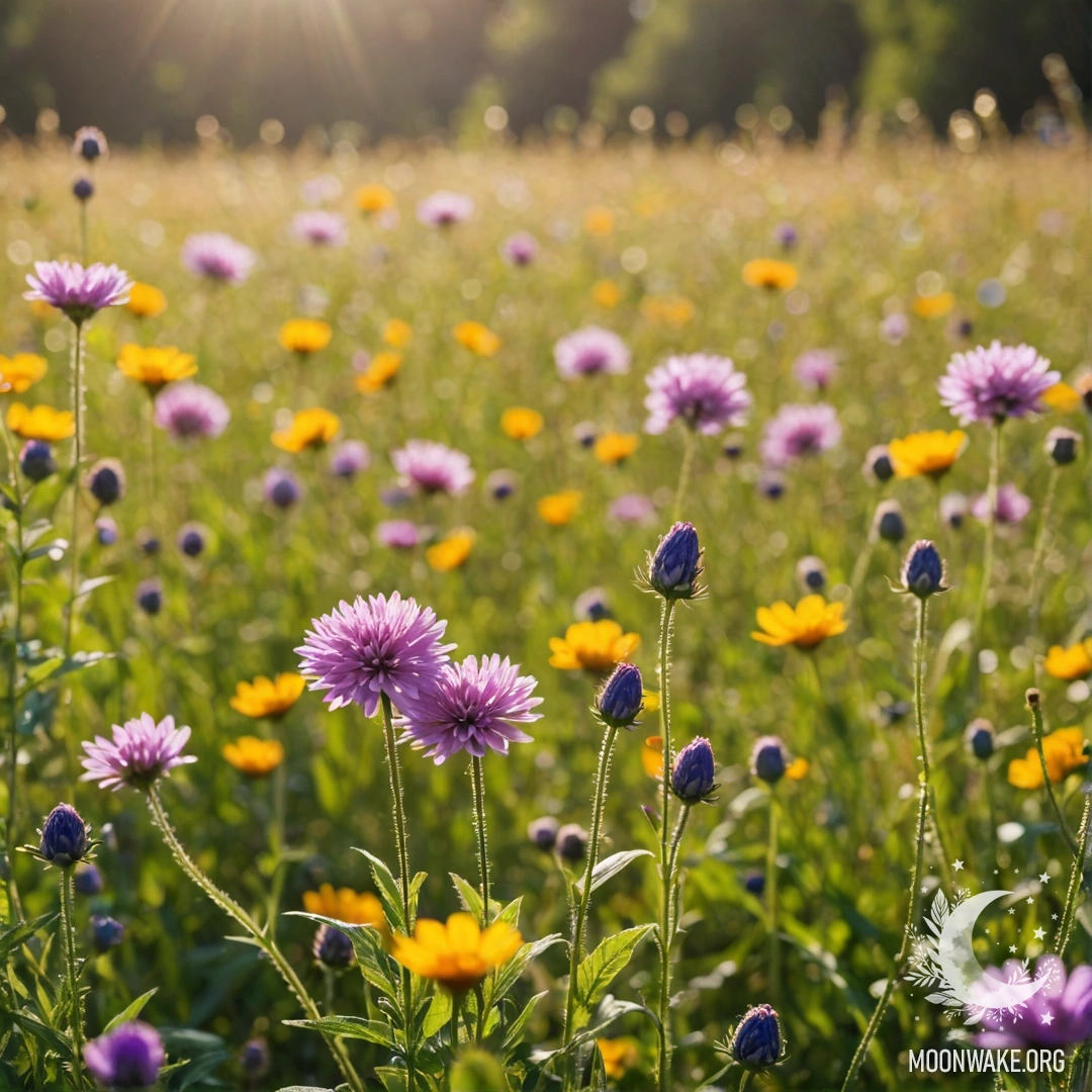 Макро вид на яркие полевые цветы на солнечном фоне с эффектом боке.