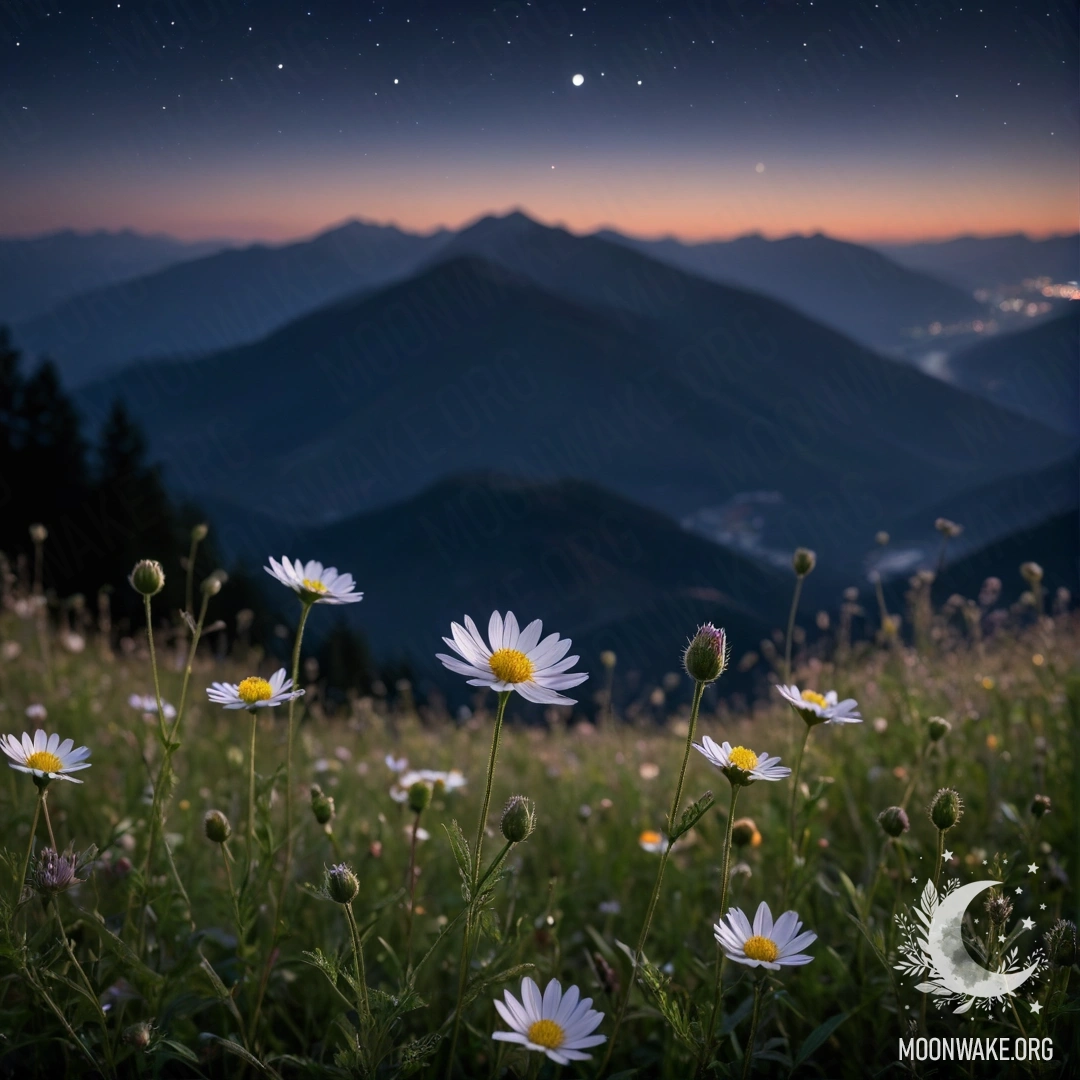 Детальный крупный план ярких цветов на поле на фоне размытых гор ночью.