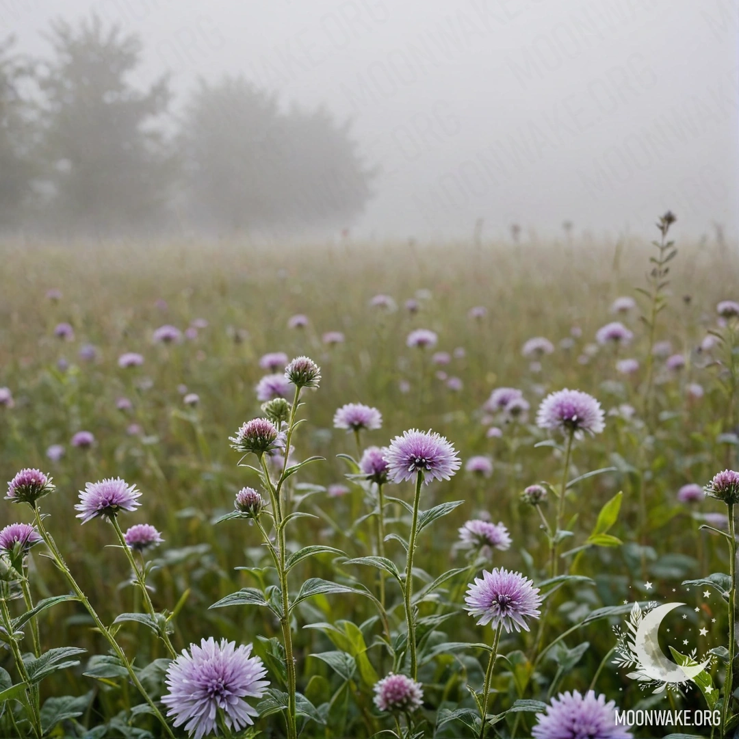 Красивые полевые цветы в крупном плане на размытом фоне в густом тумане.