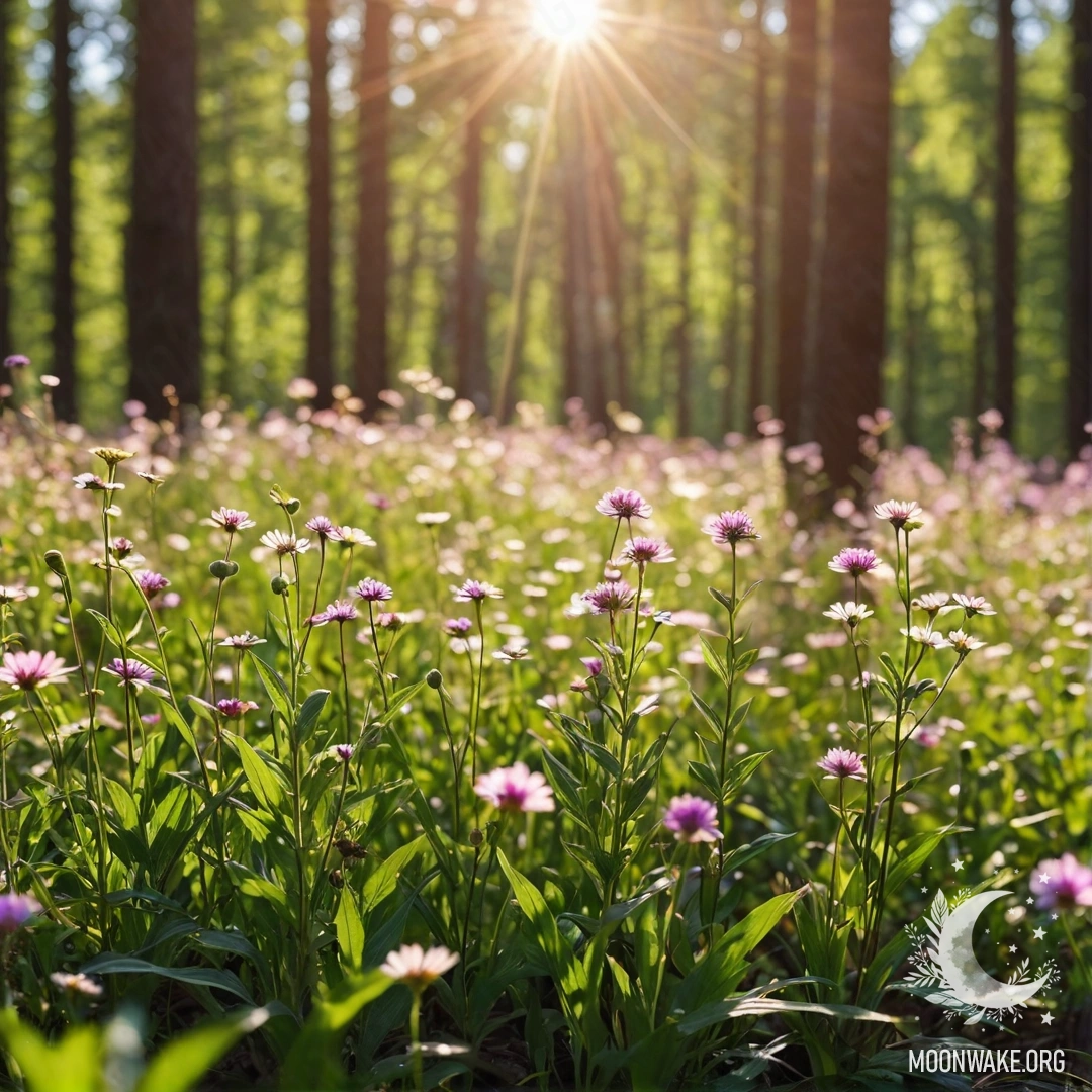 Крупный план ярких полевых цветов на фоне размытого леса, сквозь который проникают солнечные лучи.