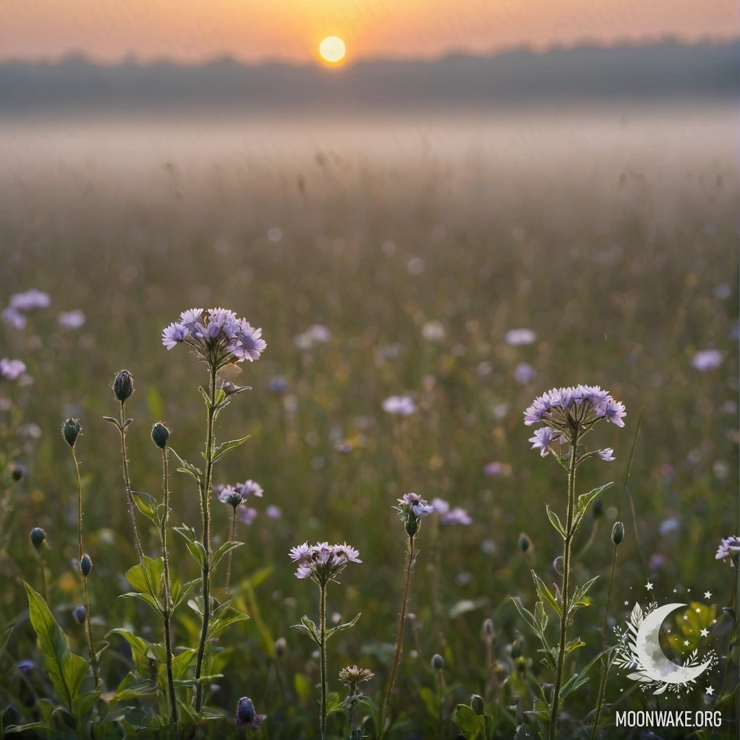 Крупный план ярких полевых цветов на фоне боке при закате, окутанных нежным туманом.