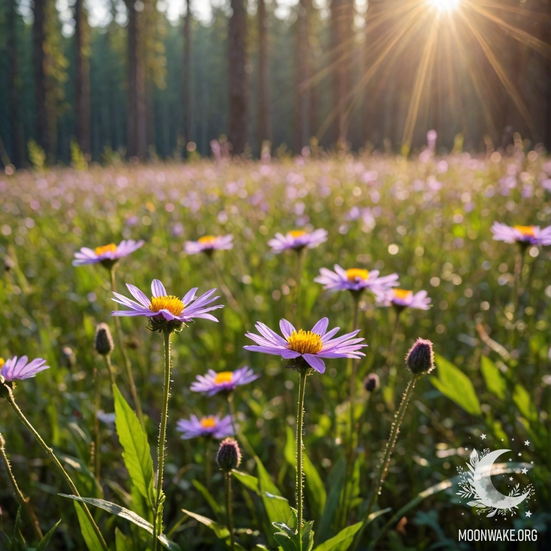 Крупный план ярких полевых цветов на фоне размытого леса с мягким боке и световыми бликами.