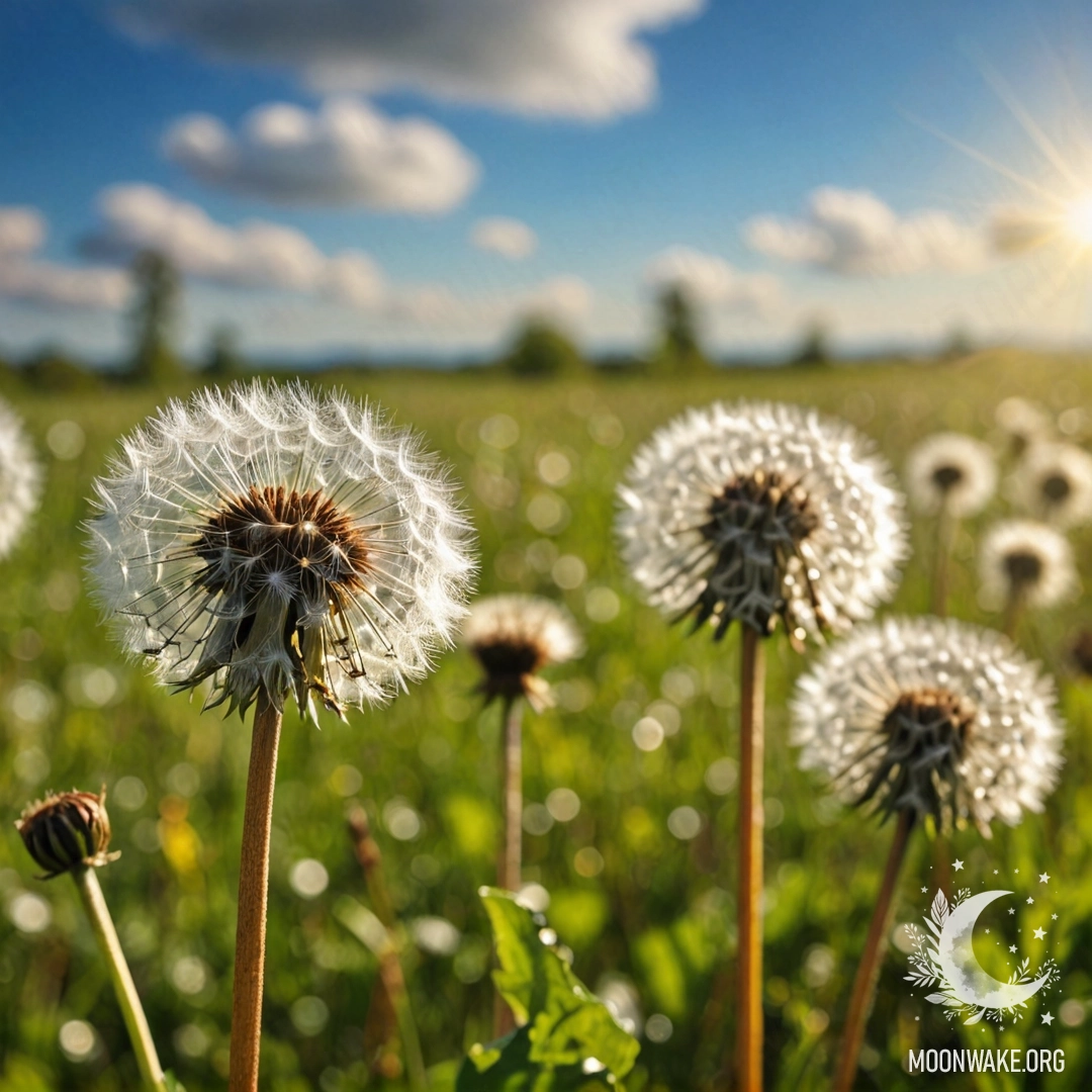 Близкий план одуванчиков в солнечном поле с размытым небом в боке.