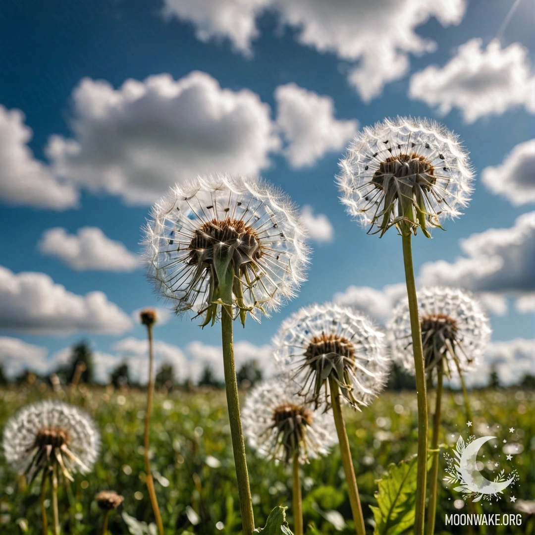 Близкий план одуванчиков на фоне размытого голубого неба с облаками.