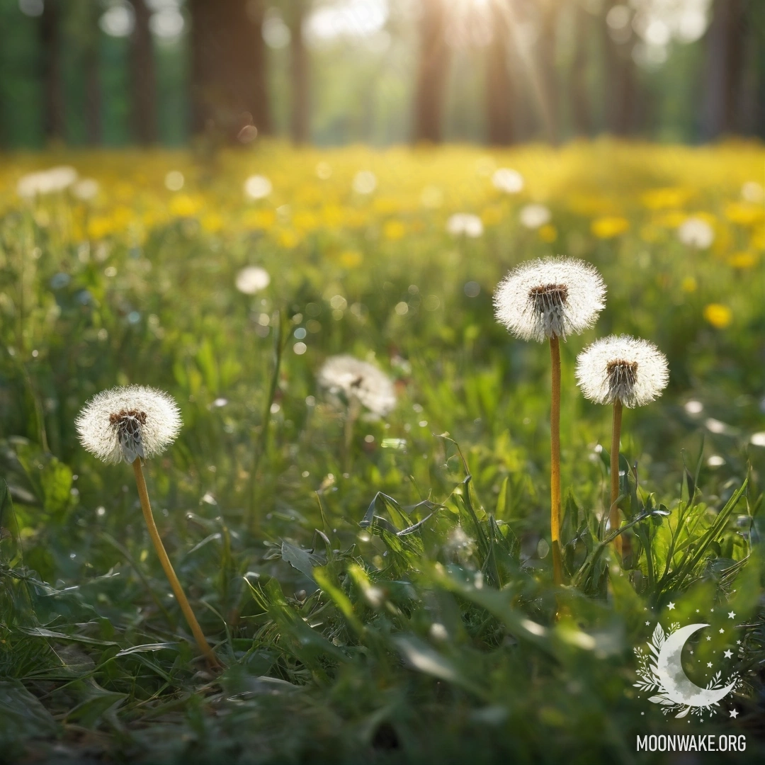 Крупный план нежных одуванчиков на фоне размытого леса со световыми эффектами.