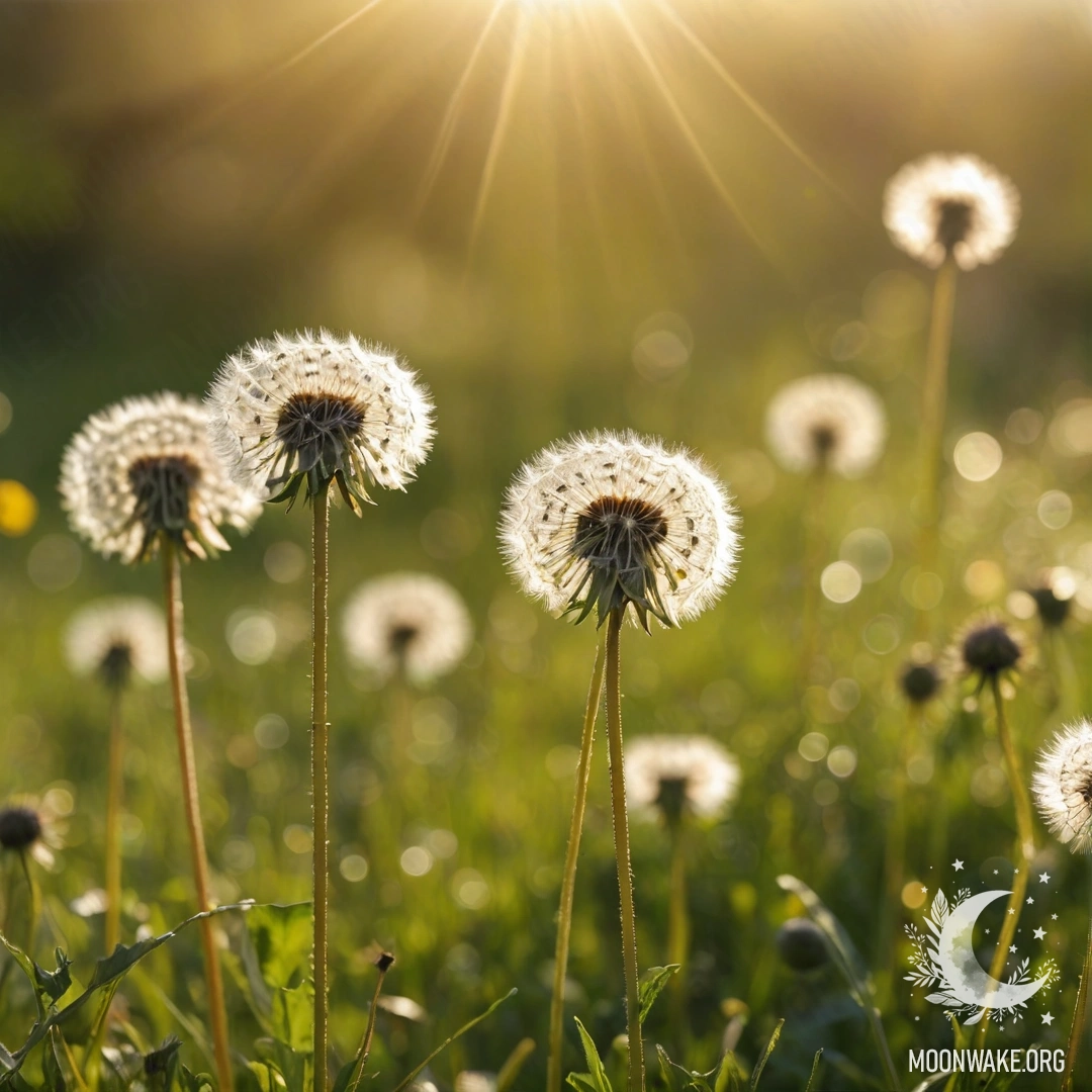 Близкий план одуванчиков на фоне размытых полевых цветов, освещённых солнечными лучами.