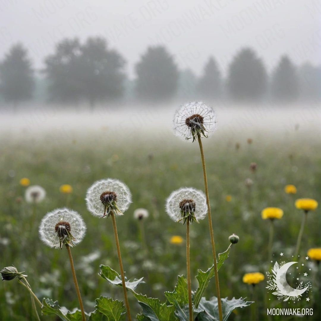 Макросъемка пушистых одуванчиков, окруженных густым туманом и небом с эффектом боке.