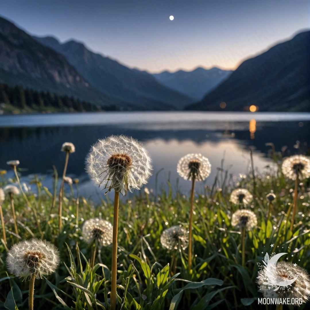 Близкий план одуванчиков с размытым фоном горного озера ночью.