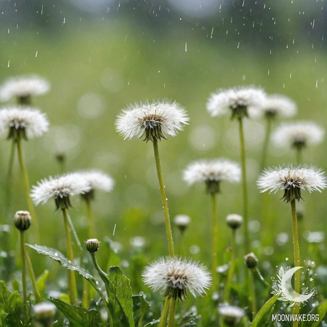 Макро изображение дуванчиков с размытими цветами на заднем плане, промокшими под дождем.