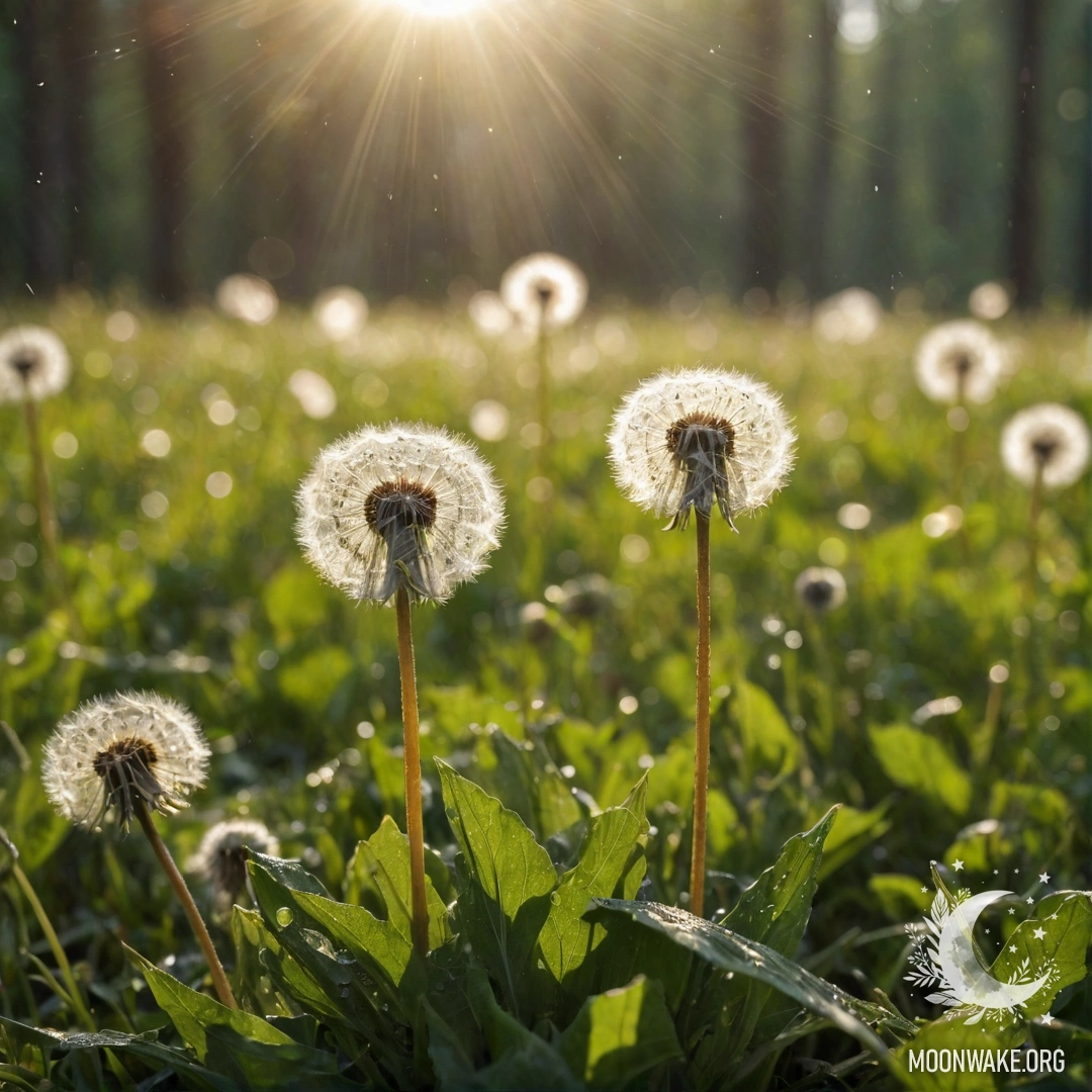 Макросъемка нежных дуванчиков на фоне размытого леса, освещенных солнечными лучами и каплями дождя.