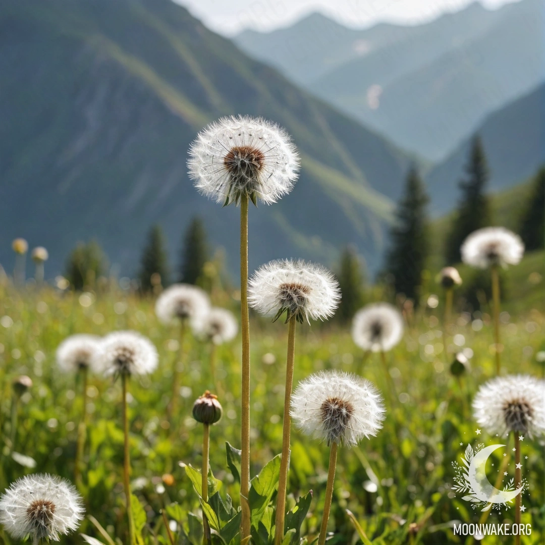 Крупный план нежных одуванчиков с размытым горным пейзажем на фоне.