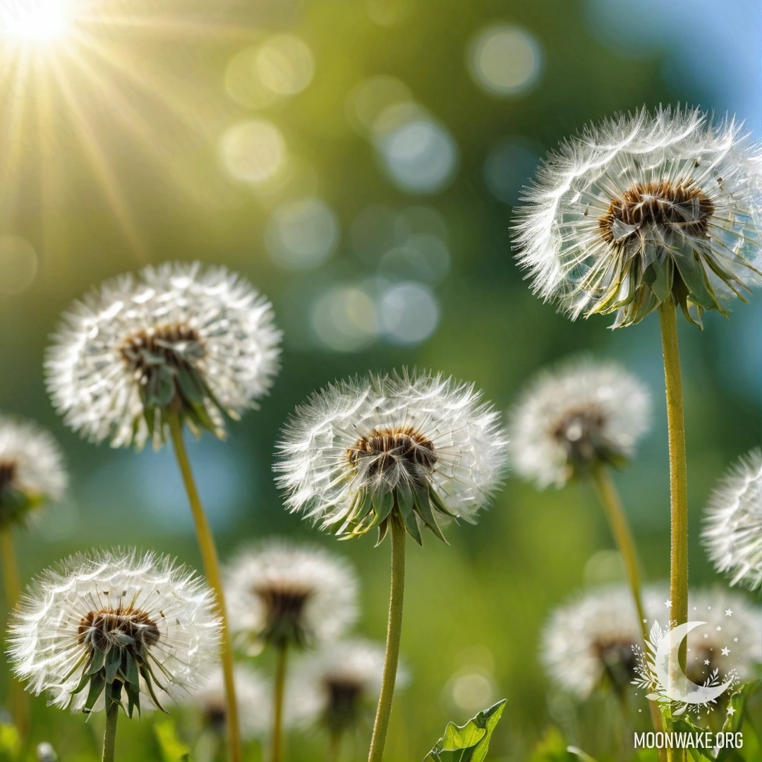 Крупный план одуванчиков на фоне размытого боке неба.