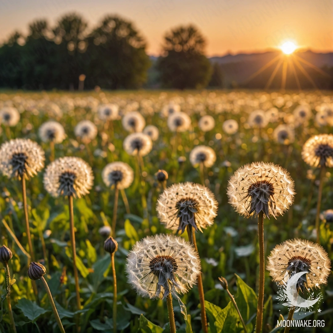 Детальный макросъёмка нежных одуванчиков, светящихся на фоне мягкого заката с боке.