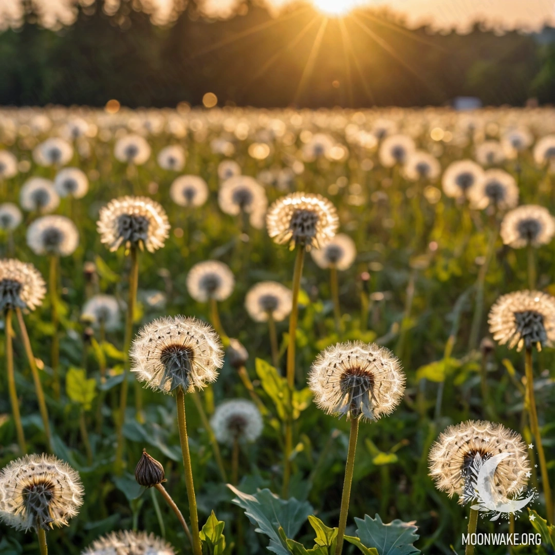 Близкий план одуванчиков в поле на фоне размытого заката.