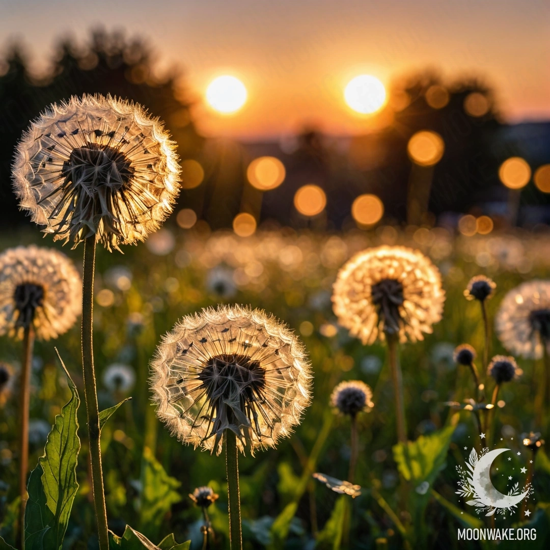 Крупный план нежных одуванчиков на фоне мягкого боке заката.
