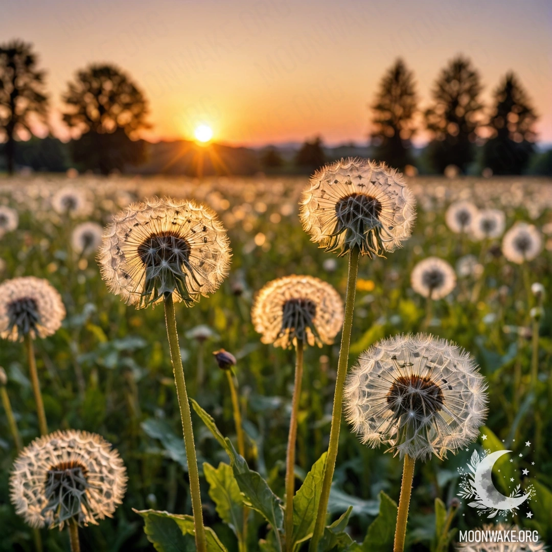 Крупный план одуванчиков на фоне расплывчатых цветов на закате.
