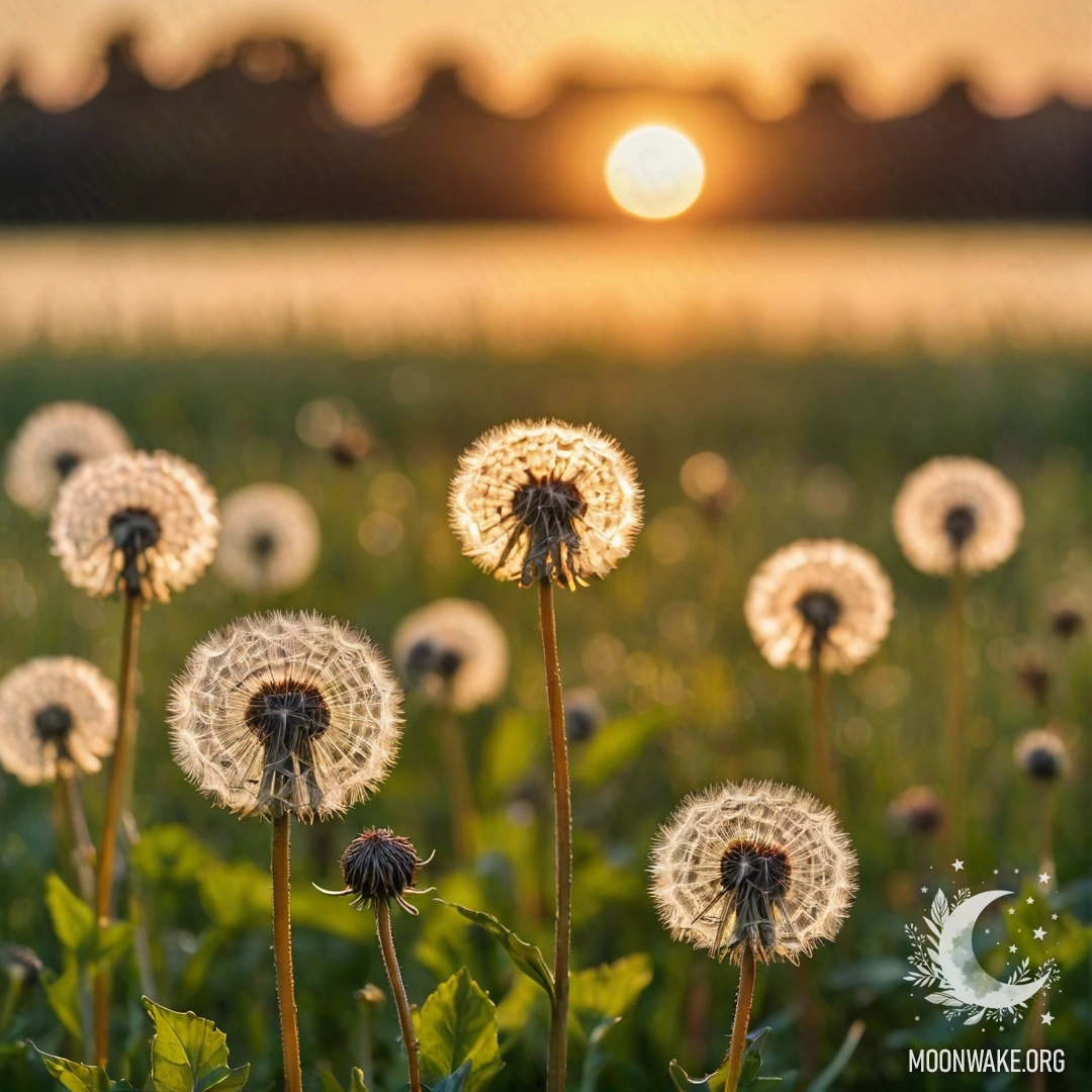 Макро изображение дуванчиков с размытым закатным фоном.