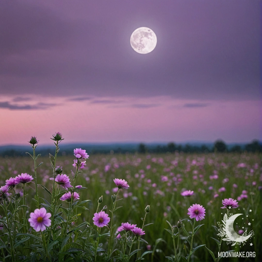 Близкий план нежных полевых цветов на фоне розово-фиолетового неба с луной.