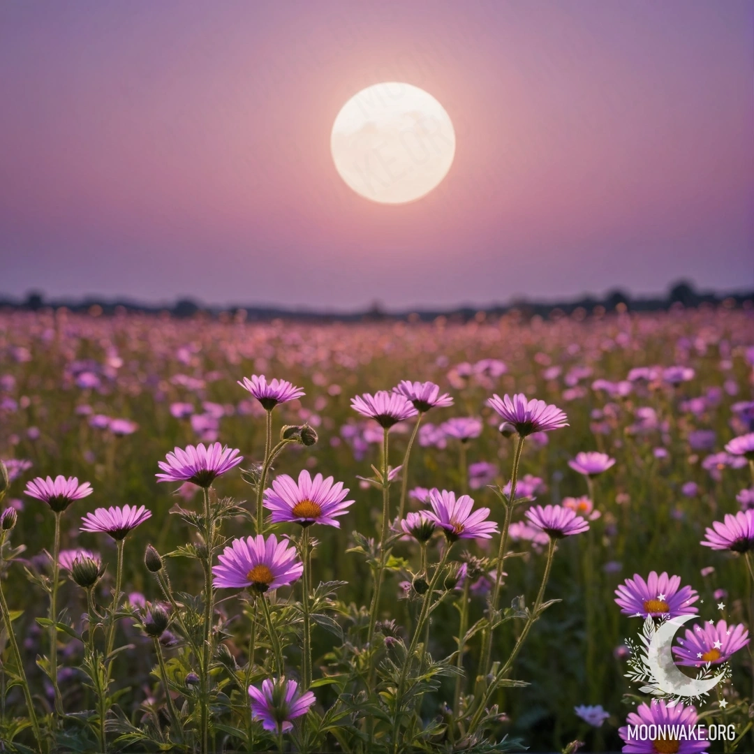 Макро снимок ярких полевых цветов на фоне розово-фиолетового неба с луной и солнцем.