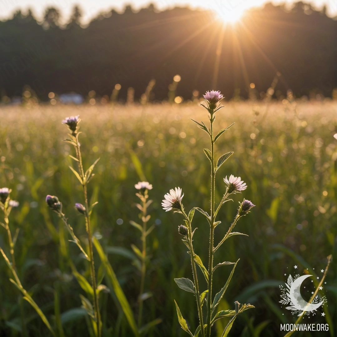 Ближайший план нежных полевых цветов в размытом фоне заката и лучах света.