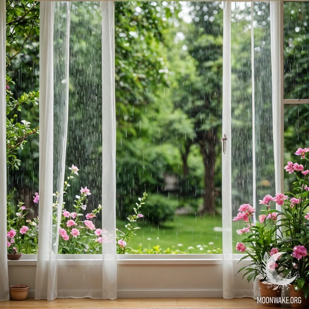 Цветная занавеска, частично закрывающая окно с размытым видом цветущего сада снаружи под дождем.