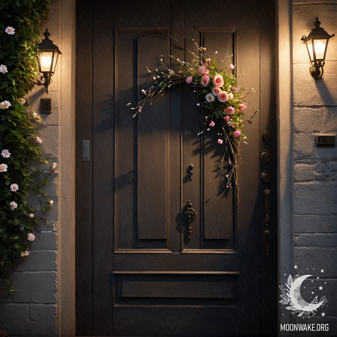 Крупный план цветной шторы с цветочным узором, за которой окно с видом на сад в боке, украшенный гариандой из огней.