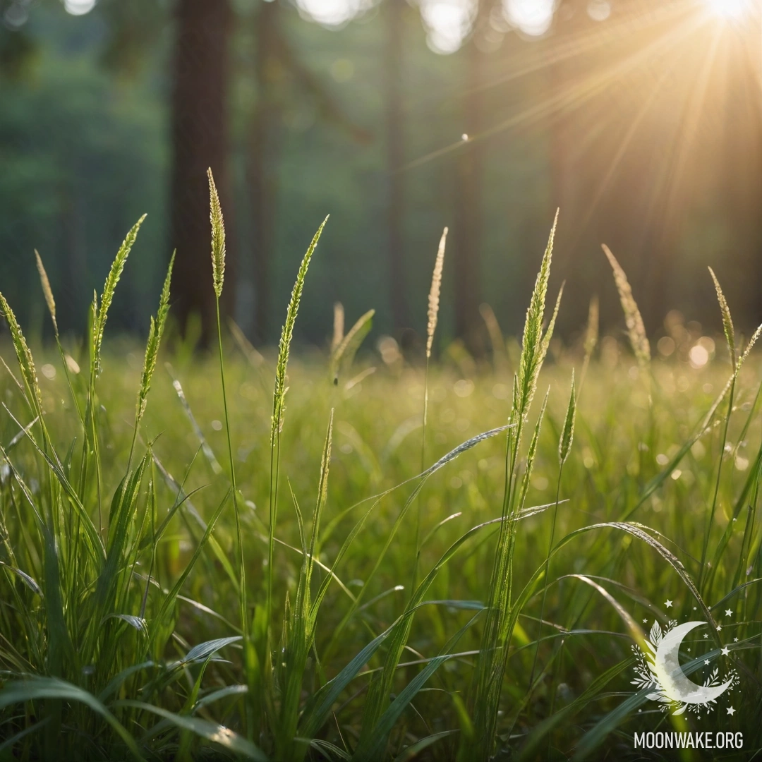 Макро-снимок нежной травы на фоне прекрасно размытого леса с эффектами солнечных бликов.