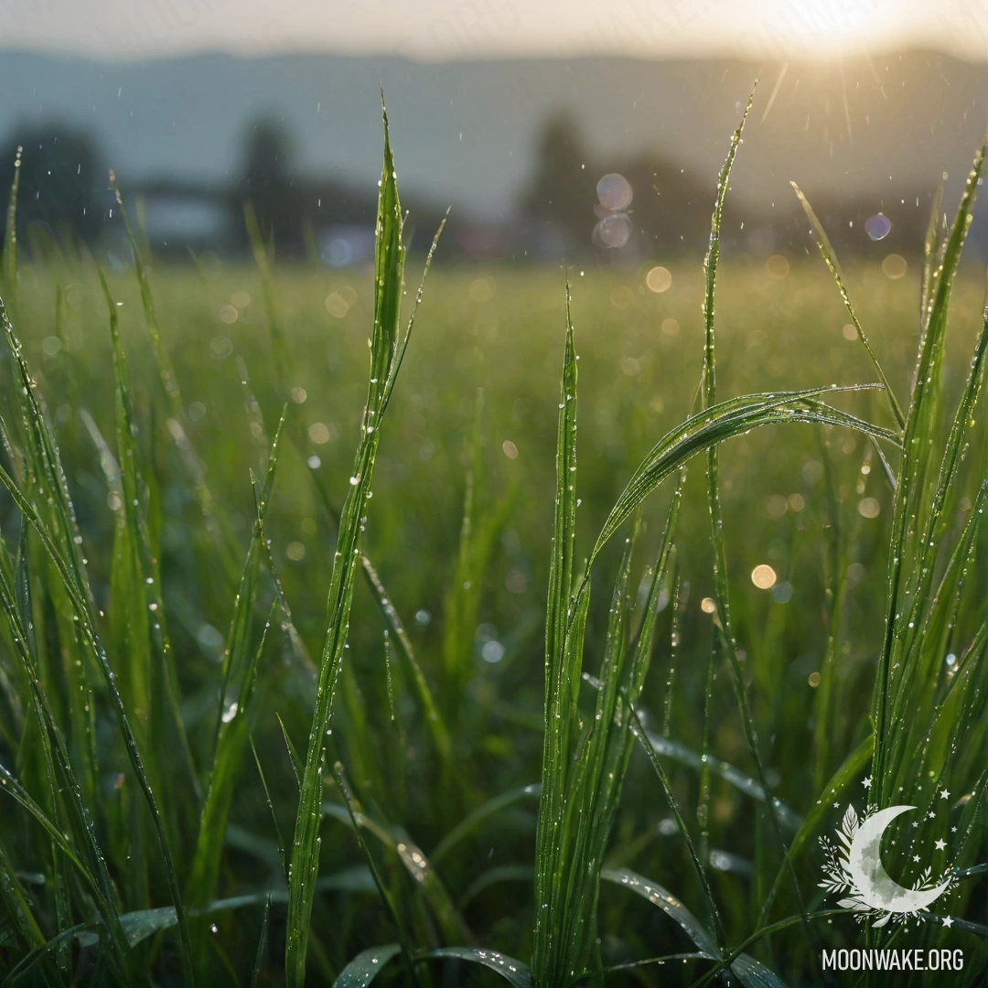 Крупный план травы на поле с каплями дождя и размытым небом.