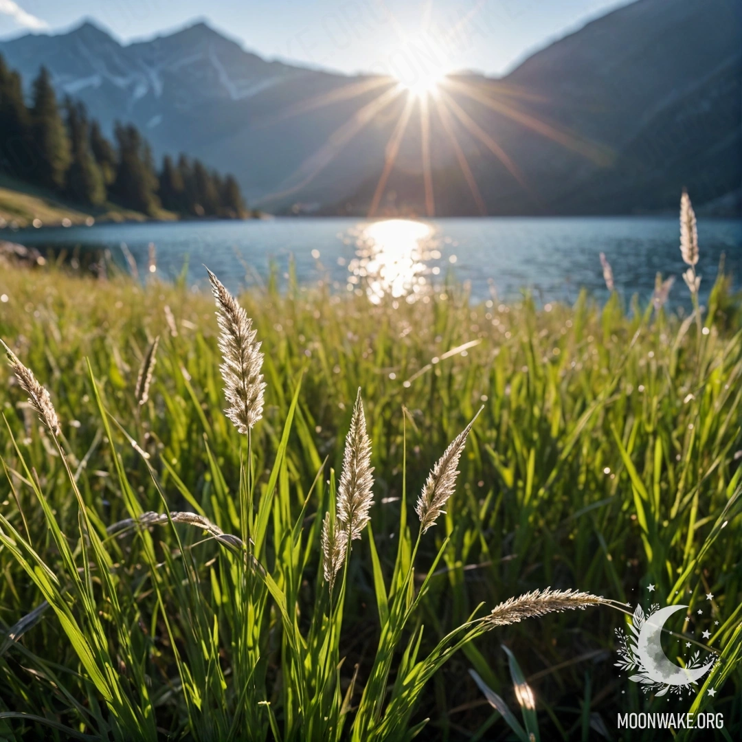 Крупный план зеленой травы с размытым горным озером и солнечными бликami на заднем плане.
