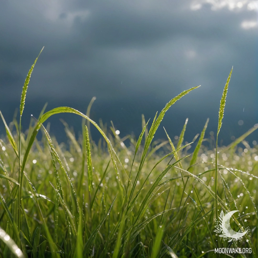 Крупный план травы на переднем плане с размытым небом в боке выше, на листьях видны капли дождя.