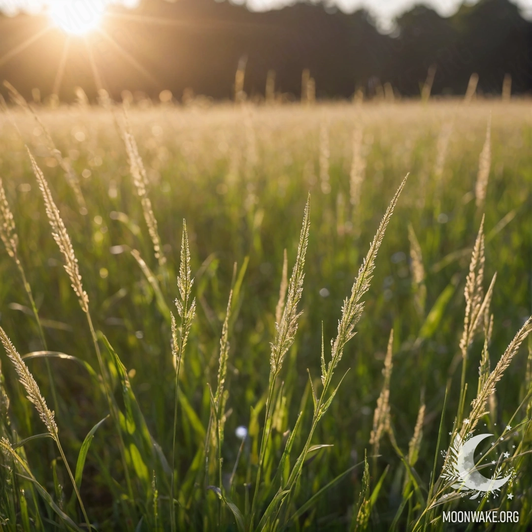 Крупный план травы на поле с нежно размазанными цветами и солнечными лучами на заднем плане.