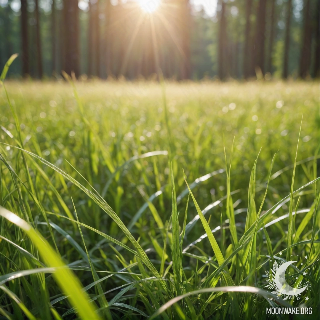 Макро вид зеленой травы с размытым лесом на фоне в солнечный день.