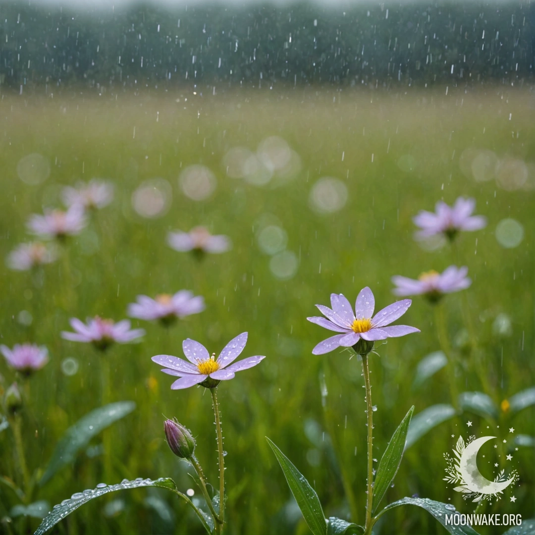 Близкий план нежных полевых цветов на размытом фоне, с каплями дождя на лепестках.