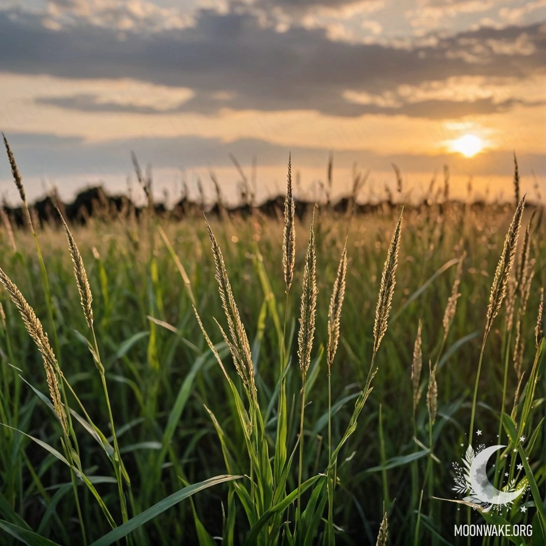 Крупный план травы на мирном поле на фоне размытого неба с облаками во время заката.