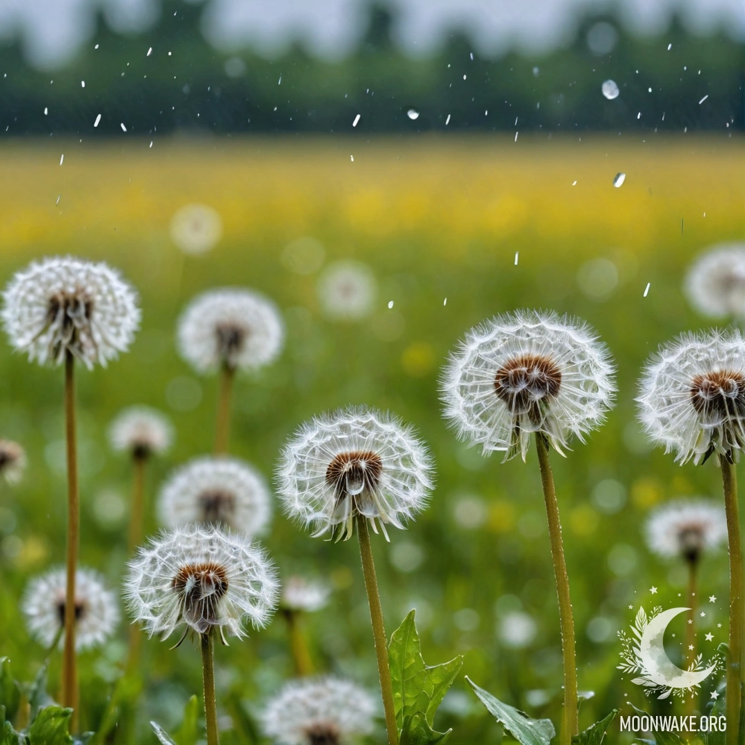 Крупный план одуванчиков на размытом фоне, с каплями дождя.
