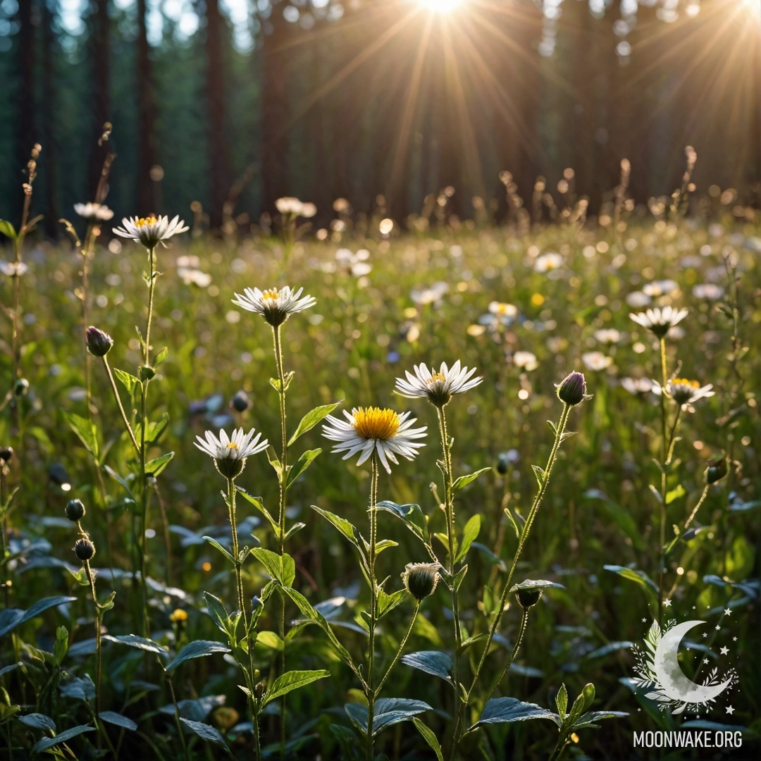 Крупный план нежных полевых цветов на фоне размытого леса ночью, освещенных мягкими солнечными лучами.