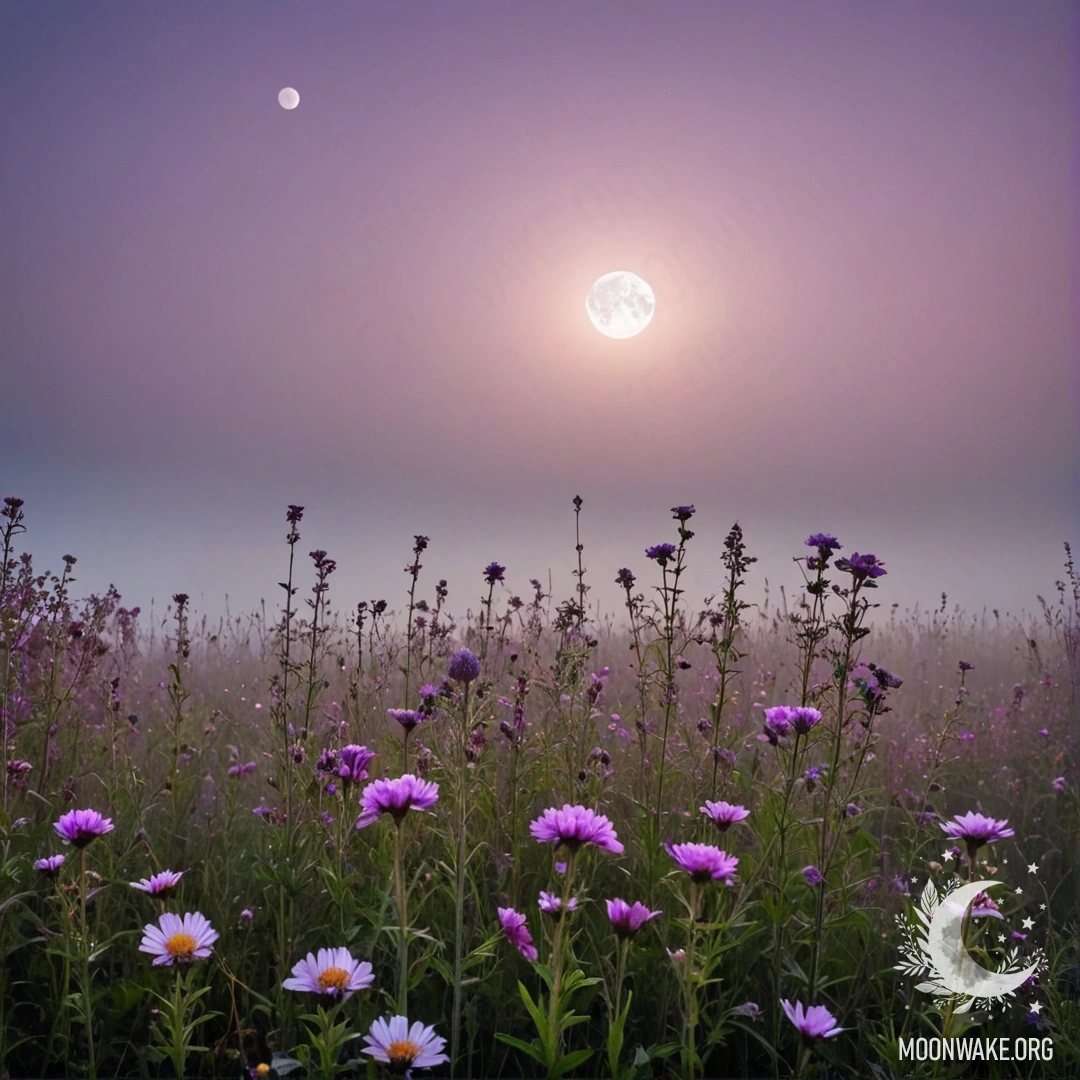 Близкий план нежных полевых цветов на фоне розово-фиолетового неба с видимой луной.
